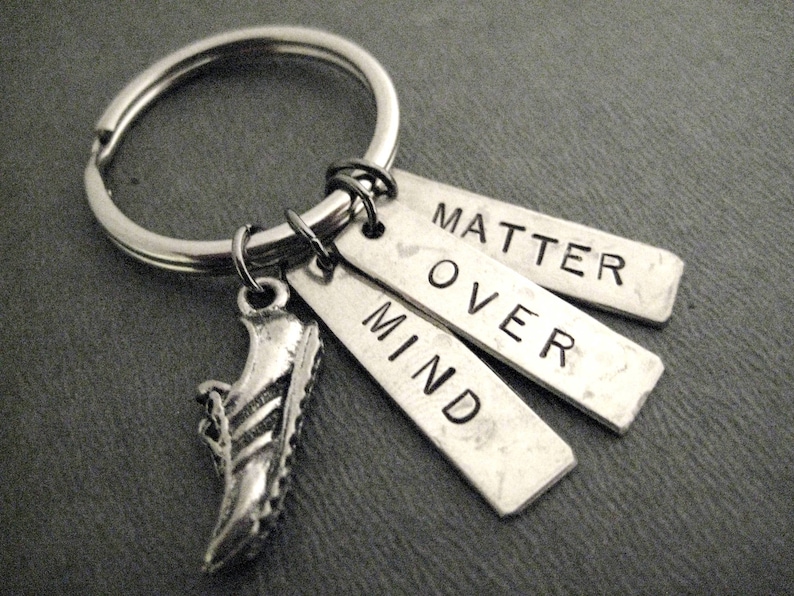 Ball Chain or Key Ring MIND OVER MATTER Running Shoe Key Chain Motivational Key Chain Run with Mind Over Matter Key Chain Bag Tag