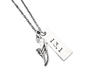 RUN DISTANCE Large Pendant Necklace - Shoe plus RUN, 5k, 10k, 13.1, 26.2 or Xc Large Pendant on Gunmetal chain - Unisex Runner Necklace