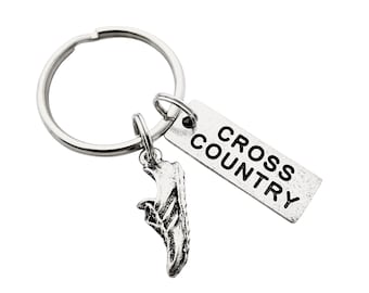 RUN CROSS COUNTRY Pewter Key Chain - Ball Chain or Key Ring - Running Shoe charm and Pewter Cross Country Pendant - Banquet - Senior Night