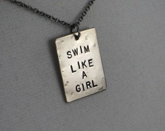 SWIM LIKE A GIRL Swim Necklace on Gunmetal Chain - Add a Swimmer Girl Charm - Triathlon Jewelry  - Swim Jewelry - Swim Team Necklace - Swim