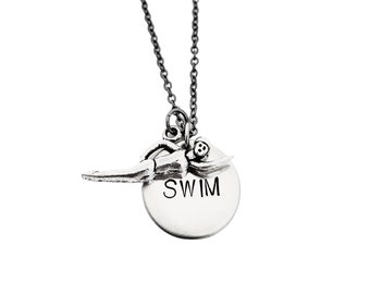 SWIM Girl SWIM Necklace - Swimming Necklace with Swimmer Girl + Swim Charm on 18 inch gunmetal chain - Swimmer Jewelry - Swim Necklace Gift