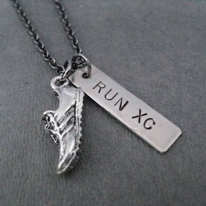 RUN XC Running Shoe Necklace - XC Cross Country Runner Necklace on Gunmetal Chain - Cross Country Team - Xc Team - Xc Summer Camp - Run Xc