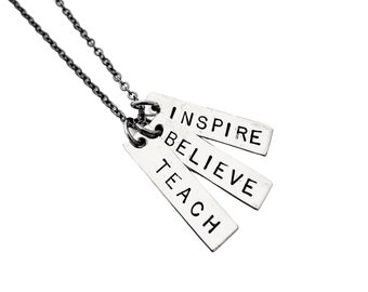 TEACH BELIEVE INSPIRE - Teacher Necklace - Inspirational Necklace on Gunmetal chain - School Teacher - End of Year Teacher Appreciation Gift