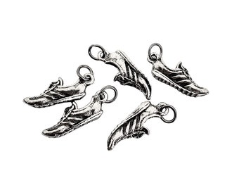 FIVE (5) Pewter RUNNING SHOE Charms - Run Shoe Charm - 8mmx22mmx3mm 3D Thin Side View Detailed Runner Shoe Charm - Each in Tiny Organza Bag
