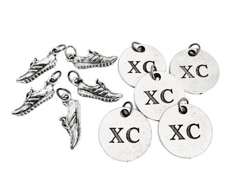 5 Pack Set RUNNING SHOE Round Pewter XC Charm Set - 1 Pewter Run Shoe Charm Plus 1 Xc Charm per Set - Each in Organza Bag - Cross Country