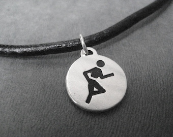 RUN Round Sterling Silver Runner Necklace on Leather and Sterling Silver chain - 17 3/4 or 19 1/2 inch - Unisex Runner Necklace - Runner Guy