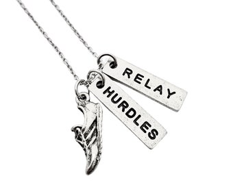 Pewter 2 TRACK EVENTS Necklace - Pewter Shoe, 2 Pewter Track Distance or Event Pendants on Stainless Steel Cable Chain