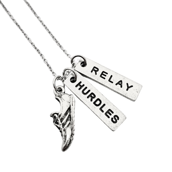 Pewter 2 TRACK EVENTS Necklace - Pewter Shoe, 2 Pewter Track Distance or Event Pendants on Stainless Steel Cable Chain