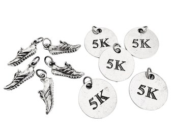 5 Pack Set RUNNING SHOE Round Pewter 5K Charm Set - 1 Pewter Running Shoe Charm Plus 5K Charm per Set - Set in Organza Bag - Road Race Track