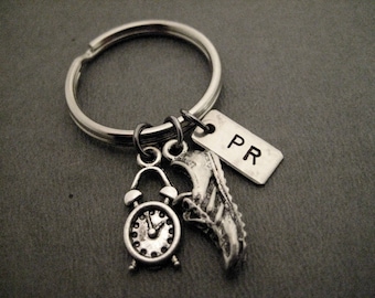 Time to Run a PR Key Chain / Bag Tag - Handmade Nickel Silver PR Charm, Pewter Shoe and Clock Charm on Ball Chain or Key Ring - Time Goal