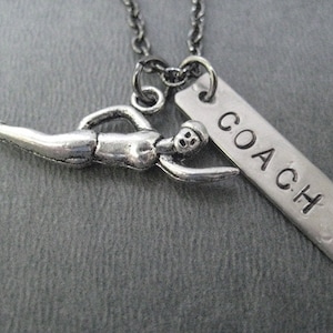 SWIM COACH Necklace Swimming Necklace on Gunmetal chain Swimmer Jewelry Swim Coach Necklace High School Swim Team Swimmer Summer image 1