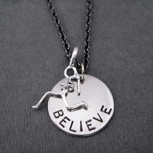 Runner Girl BELIEVE Necklace  - Nickel Pendant with Sterling Runner Girl Charm on Gunmetal Chain - Running Girl - Female Runner - Marathon
