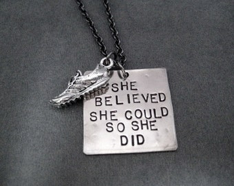 She Believed She Could So She Did with RUNNING SHOE Necklace - Hand Hammered Nickel Silver Pendants on Gunmetal Chain - She Believed Running