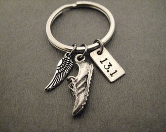 I Run My DISTANCE With WINGS on the Soles of My Shoes Key Chain / Bag Tag - 5k, 10k, 13.1, 26.2 or XC Ball Chain or Key Ring - Run Bag Tag