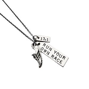 RUN Your Own RACE with Distance Necklace - Race Day Motto  - Shoe Charm and 2 Pendants on Gunmetal Chain - Choose 5k, 10k, 13.1, 26.2 or XC