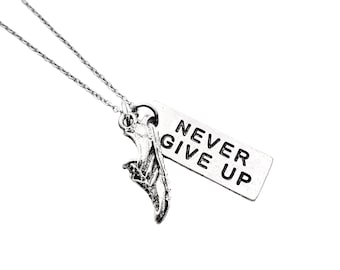 RUN NEVER Pewter Give Up Necklace - Pewter Pendant with Running Shoe Charm on Stainless Steel Cable Chain - Never Stop Running