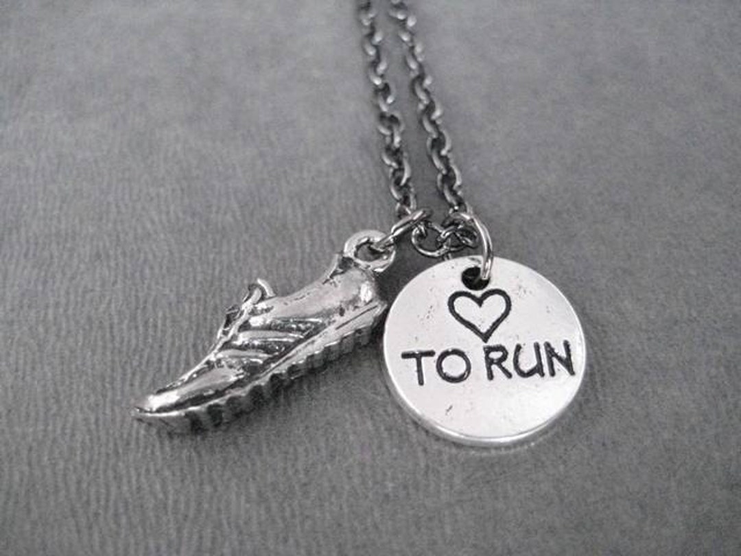 Running Shoe HEART TO RUN Round Pewter Pebble Charm Necklace on