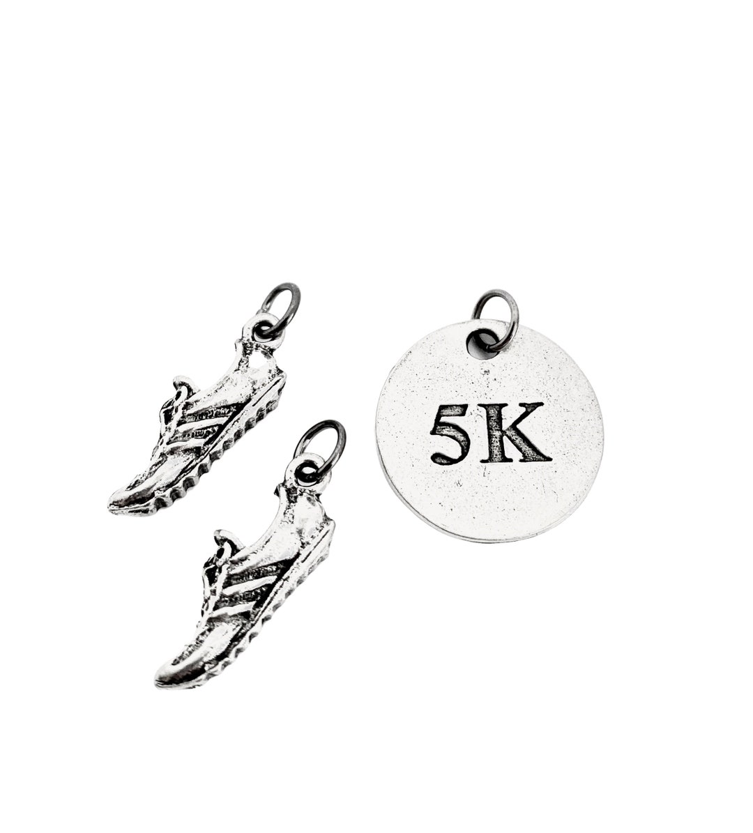 TWO 2 Pewter Running Shoe Charms and 1 Round Pewter 5K Pendant in
