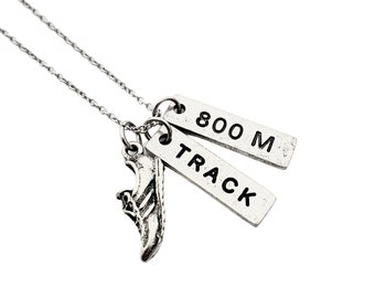 Pewter TRACK DISTANCE or EVENT Necklace - Pewter Shoe, Pewter Track Pendant and Pewter Distance/Event Pendant on Stainless Steel Cable Chain