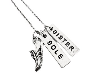 SOLE SISTER Pewter Necklace - Runner Necklace on Stainless Steel Chain - Sole Sister Jewelry - Running Buddy - Partner - Sister Friend Gift