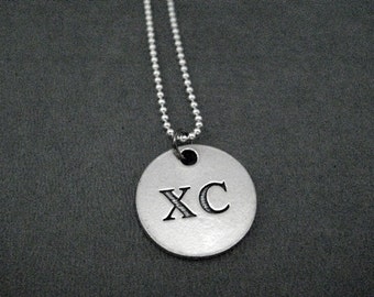 XC Round Pendant Necklace on Sterling Silver Ball Chain - 16, 18 or 20 inch - Pewter Charm XC on Sterling Silver Ball Chain - X Country