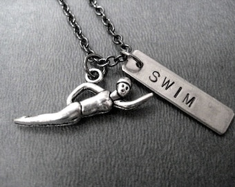 SWIM Necklace - Swimming Necklace on Gunmetal chain - Swimmer Jewelry - Swim Team Necklace - High School Swimmer - Swim Mom - Swim Team