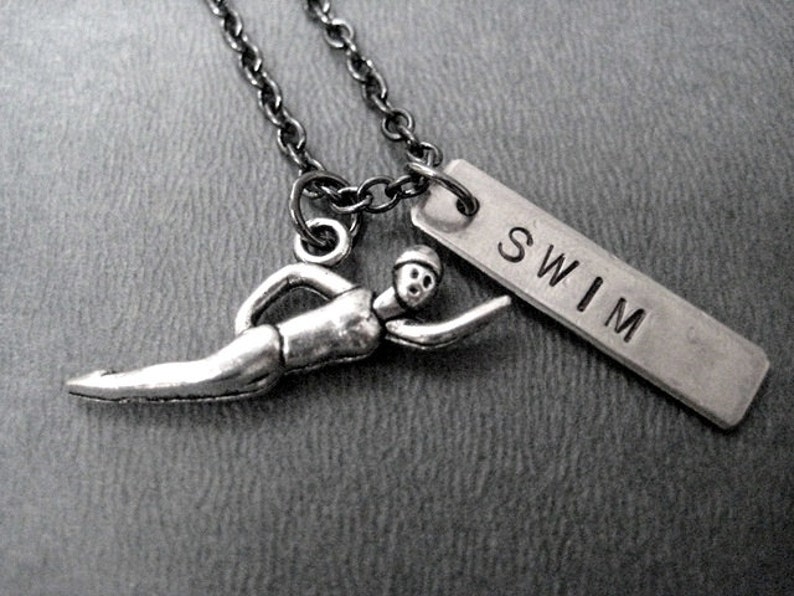 SWIM Necklace Swimming Necklace on Gunmetal Chain Swimmer Etsy