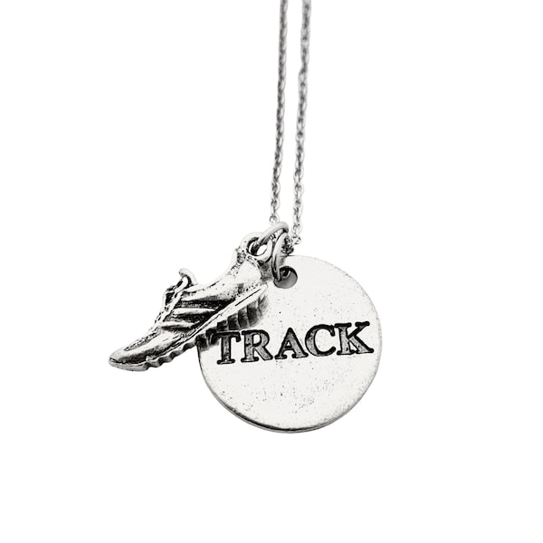 Pewter TRACK Round Pendant Necklace - Running Shoe Charm and Pewter Round TRACK Charm on 18 inch Stainless Steel Cable Chain - Track Runner