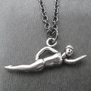 SWIM - JUST SWIM Necklace - Swimming Necklace on Gunmetal chain - Swimmer Jewelry - Swim Team Coach Necklace - Summer Swim Team - Summer Fun