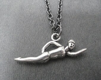 SWIM - JUST SWIM Necklace - Swimming Necklace on Gunmetal chain - Swimmer Jewelry - Swim Team Coach Necklace - Summer Swim Team - Summer Fun
