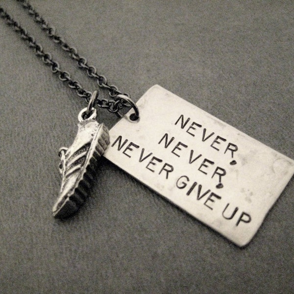 NEVER, NEVER, NEVER Give Up Running Shoe Necklace - Running Necklace on Gunmetal Chain - Runners Never Quit - Winston Churchill Quote Runner