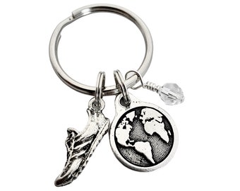I RUN THE WORLD with Race Month Crystal Charm Key Chain / Bag Tag - Pewter Running Shoe Charm, Pewter Earth Charm, Race Month Crystal - Gift