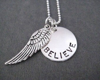 WING BELIEVE Round Pendant Sterling Silver Necklace with Pewter Wing - 16, 18 or 20 inch Sterling Chain - Believe Wing - Believe in Angels