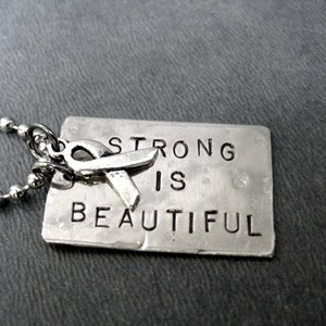 STRONG IS BEAUTIFUL Survivor Ribbon Necklace - Breast Cancer Awareness Ribbon Jewelry - Dog Tag Style on Ball Chain - Strong Women - Fight