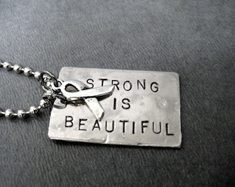 STRONG IS BEAUTIFUL Survivor Ribbon Necklace - Breast Cancer Awareness Ribbon Jewelry - Dog Tag Style on Ball Chain - Strong Women - Fight