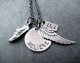 RUN BELIEVE Fly Your Distance Round Pendant Necklace - Runner Necklace on Gunmetal Chain - 5k, 10k, 13.1, 26.2 or XC - Distance Runner - Run