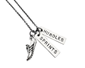 2 TRACK EVENTS Necklace - Shoe, 1 Track Distance or Event Pendant PLUS an additional Track Distance or Event Pendant on Gunmetal Chain