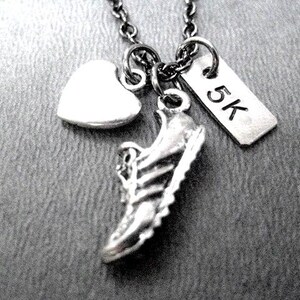 LOVE to RUN 5k - Running Necklace 3 Pendants with Puffed Heart on Gunmetal Chain - Running Jewelry - 5K Runner - Road Race Jewelry - 5k Race