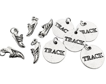 5 Pack Set RUNNING SHOE Round Pewter TRACK Pendant Set - 1 Pewter Run Shoe Charm Plus 1 Track Round Pendant per Set - Each in Organza Bag