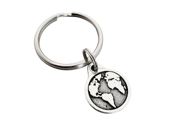 TRAVEL THE WORLD Key Chain / Bag Tag - Pewter Earth Charm on 4 inch Ball Chain or Round Key Ring - World Traveler Key Chain - Adventure