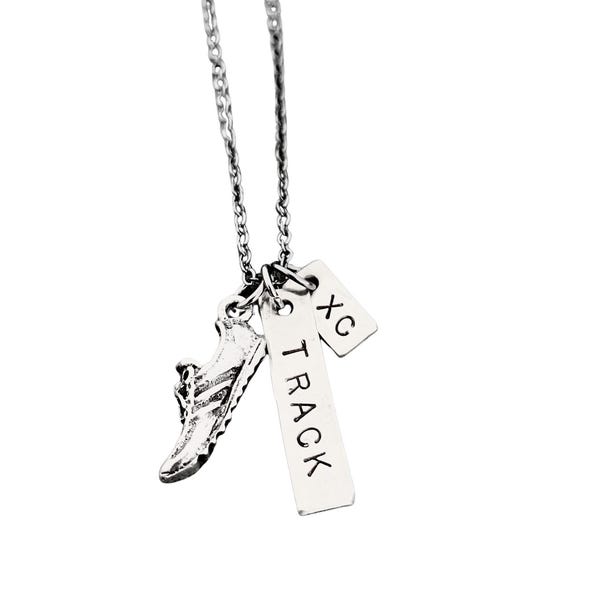 RUN TRACK and XC - Track and Cross Country Runner Necklace on Gunmetal chain - Track Necklace - Xc Necklace - Track and Xc Runner Jewelry