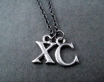 XC Pewter Initial Necklace / Bracelet - Pewter Charms on Gunmetal chain - XC Necklace - XC Bracelet - Cross Country Team - Xc Mom - Xc Team