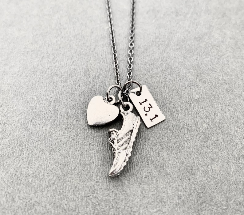 Love to RUN DISTANCE Choose 5k, 10k, 13.1, 26.2 or XC 3 Pendants with Puffed Heart Running Jewelry Run Necklace on Gunmetal Chain image 6