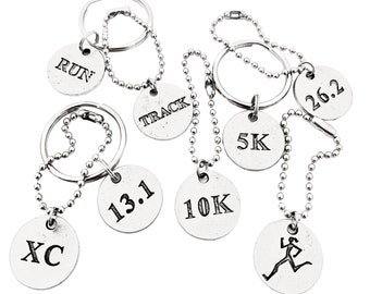 Distance, TRACK, RUN, XC or Runner Girl Round Pendant Key Chain / Bag Tag - Choose 4 inch Ball Chain or Round Key Ring - 5k, 10k, 13.1, 26.2