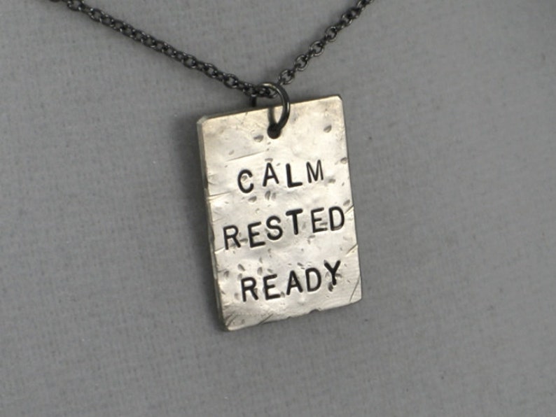 CALM RESTED READY 1 Pendant Necklace on Gunmetal Chain Run Jewelry Inspirational Motivational Necklace Pre Race Routine Life Lessons image 1