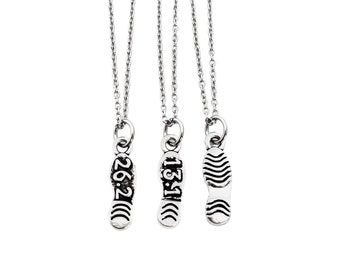 26.2, 13.1 or FLAT Pewter Shoe Print Charm on Stainless Steel Cable Chain - 26.2 Marathon, 13.1 Half Marathon or Flat Shoe Print Charm