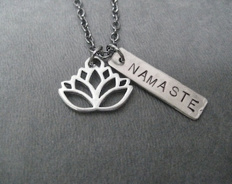 LOTUS FLOWER NAMASTE Yoga Necklace - Yoga Jewelry - Lotus Flower Necklace - Namaste Necklace on 18 inch gunmetal chain - Yoga Necklace