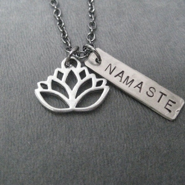 LOTUS FLOWER NAMASTE Yoga Necklace - Yoga Jewelry - Lotus Flower Necklace - Namaste Necklace on 18 inch gunmetal chain - Yoga Necklace
