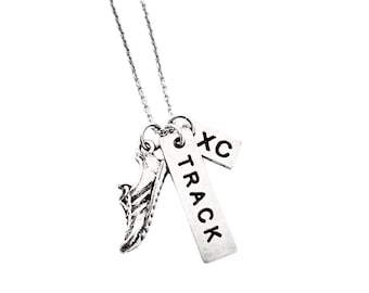 Run TRACK XC Pewter Necklace on Stainless Steel Cable - Track and Cross Country Runner Necklace - Track and XC Runner Jewelry - Banquet Gift