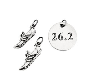 TWO (2) Pewter Running Shoe Charms and 1 Round Pewter 26.2 Marathon Pendant in Organza Bag - Running Shoe 26.2 Round Pewter Charm Set